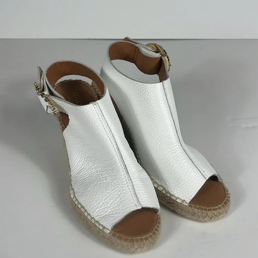 Maypol White Pebbled Leather Peep Toe Espadrille Wedge Rhinestone Buckle SZ 40 - Picture 4 of 10